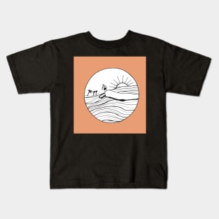 Female Surfer Riding the Wave with a coral background Kids T-Shirt